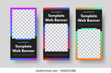 Template of vertical black web banners i rectangle for image and gradient on background. Design for business and advertising. Set. Vector illustration