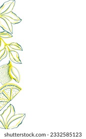 Template with vertical border lemon and leaves. Hand drawn green leaves and foliage border. Invitation template, greeting card, menu. Botanical plant  design. Sketch style.