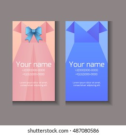 Template of vertical business cards with feminine dresses and place for text. Elements for presentations and your creativity