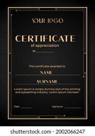 Template of vertical certificate of appreciation template gold  and black color. Modern style.Vector 