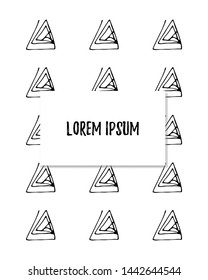 Template of vertical cover, background on white. Abstract backdrop with inscription. For photo album, notebook, book, flyer, print. Ink hand draw triangle pattern Vector llustration.