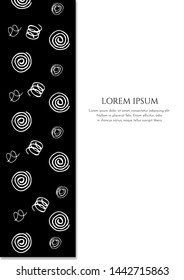 Template of vertical cover, background on white. Abstract backdrop with inscription. For photo album, notebook, book, flyer, web. Pen hand drawn pattern Vector. circle, spots, spiral, scribble