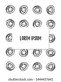 Template of vertical cover, background on white. Abstract backdrop with inscription. For photo album, notebook, book, flyer, print. Ink hand draw circle pattern Vector Illustration.