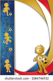 A template for a vertical flyer or award sheet for junior teams. Football leaflet with a border of golden silhouettes of football players and statuettes of a football player with a ball. Vector.