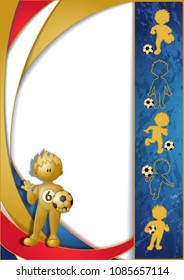 A template for a vertical flyer or award sheet for junior teams. Football leaflet with a border of golden silhouettes of football players and statuettes of a football player with a ball. Vector.