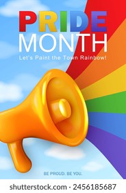 Template of vertical greeting card with 3d realistic yellow loudspeaker and LGBTQ+ rainbow flag in pure sky with clouds. Poster, postcard with cartoon megaphone, bright rainbow. Pride Month event