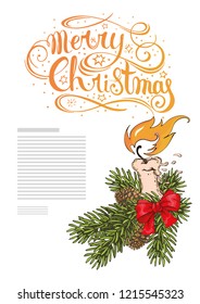 Template vertical greeting card or ad with fir branch, candle, bow and the inscription Happy Christmas.
