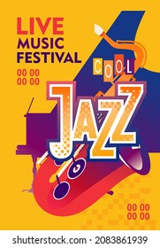 Template for vertical poster, advertisement for jazz music festival, ticket or program, vector illustration