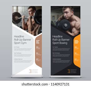 Template of vertical roll-up banner with hexagonal elements for a photo. Black and white Design flyer for business and advertising, a sample for gyms. Vector illustration