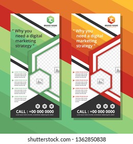 Template of vertical roll-up banner with hexagonal elements for photo collage. green and orange colors design flyer for business and advertising, use sport or natural.  Vector illustration