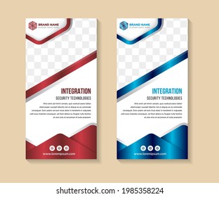 Template of vertical roll-up banner with space for a photo collage on top. white background  combined with red and green gradient elements for business and advertising. Vector illustration designs