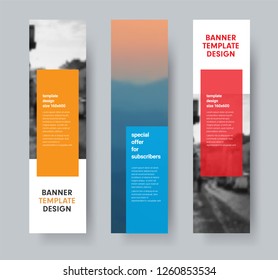Template of vertical vector banners with transparent colored dice for text and place for photo. Set of designs for web sites.