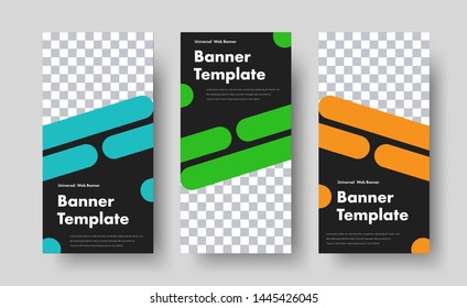 Template of vertical vector black banners with color rounded rectangles. Set standard size with space for photos. 