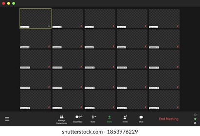 Template video conference user interface, video conference calls window overlay. Twenty-five users.