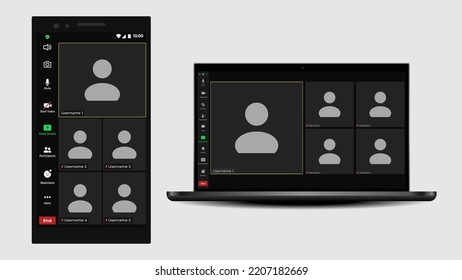 Interfaz de usuario de videoconferencia de plantilla. Superposición de la ventana de videollamadas. Icono de videoconferencia. Comunicación digital. Vector plano de aplicación de reunión.