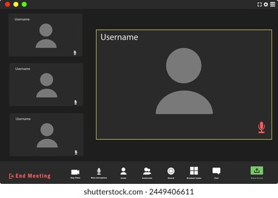 Template video conference user interface, video conference calls window overlay. Video conference user interface. Four users. Application for social communication.