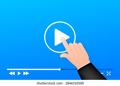 Template video frame. Template media player. Hand holding and touching. Mobile app interface. Vector stock illustration.