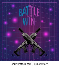 Template for video games with two modern pistols. Retro poster with weapon.