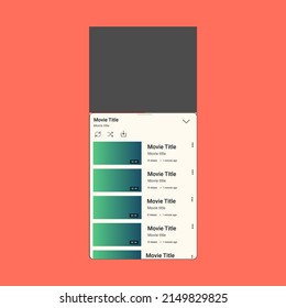 template video player for handphone. Youtube Playlist template. Listing content interface. UI. UX. Playing video layout. Iphone, 