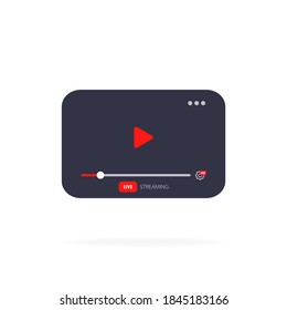 Template video player PC. Live stream concept with play button. Mockup online channel. Social media channel. Video online, blogging, streaming.