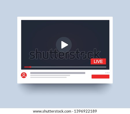 Template video player PC, live streaming, mockup online channel. Social media channel. Web element. Video online, blogging, streaming. Template display. Vector illustration. EPS 10