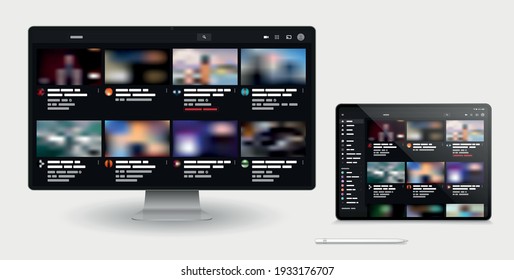 Template video player. Social media content. Desktop interface dark version, ui. Computer, tablet sizes. Vector illustration.