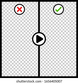 template video player transparent for background, interface video with wrong or right and play button, black frame graphic screen for video media, window multimedia panel transparency deny and accept
