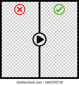 template video player transparent for background, interface video with wrong or right and play button, black frame graphic screen for video media, window multimedia panel transparency deny and accept