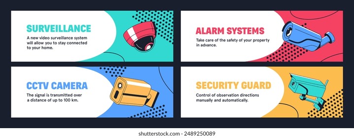 Template of video surveillance systems banners set. Security cameras in pop art style for observation, monitoring. CCTV cams, equipment with lens for outdoors and home safety. Flat vector illustration