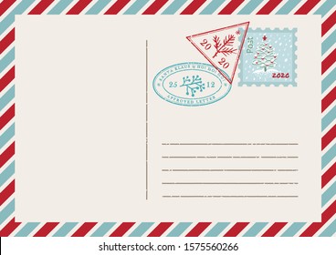 Template of vintage air mail postcard and envelope. Texture grunge christmas stamp rubber with holiday symbols in traditional colors. Place for your greeting text Vector illustration