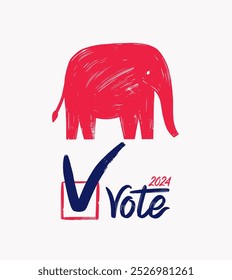 Plantilla vintage Anuncio de las elecciones presidenciales de Estados Unidos de 2024. Dibujado a mano con una pincelada Ilustración vectorial roja de un elefante del Partido Republicano. Votación 2024. Día de votación 2024, 5 de noviembre.