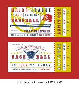 Template For Vintage Baseball Ticket. Graphic Design With Image Of Bat, Glove, Helmet