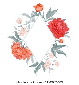 Template vintage card for the design of wedding invitations, greetings. Floral exotic vintage decoration. Garden flowers peonies. Ancient oriental style. Vector illustration art.
