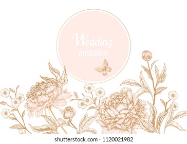 Template vintage card for the design of wedding invitations, greetings. Floral exotic vintage decoration. Garden flowers peonies. Ancient oriental style. Vector illustration art.
