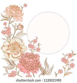 Template vintage card for the design of wedding invitations, greetings. Floral exotic vintage decoration. Garden flowers peonies. Ancient oriental style. Vector illustration art.
