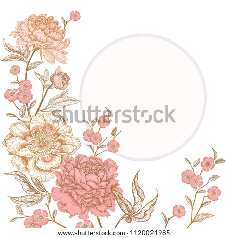 Template vintage card for the design of wedding invitations, greetings. Floral exotic vintage decoration. Garden flowers peonies. Ancient oriental style. Vector illustration art.
