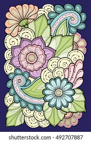 Template for vintage card with detailed hand drawn zentangle inspired flowers. Save the date cards, wedding invitation flowers and decorative elements. Floral invites, boho style.
