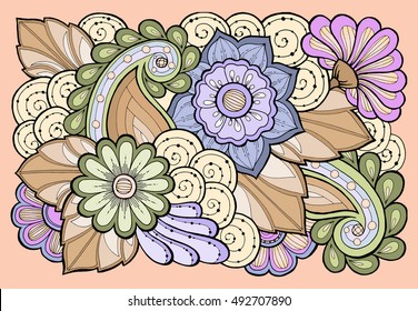 Template for vintage card with detailed hand drawn zentangle inspired flowers. Save the date cards, wedding invitation flowers and decorative elements. Floral invites, boho style.