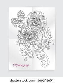 Template for vintage card with detailed hand drawn zentangle inspired flowers. Save the date cards, wedding invitation flowers and decorative elements. Floral invites, boho style.