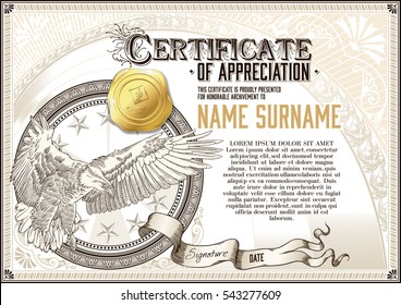 Template of vintage Certificate of Appreciation with flying eagle and golden badge
