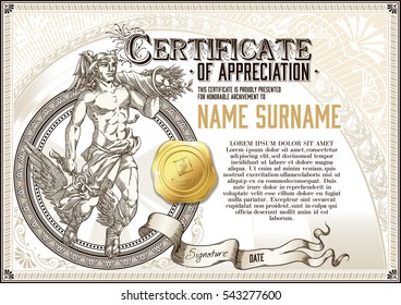 Template of vintage Certificate of Appreciation with god Hermes and golden badge