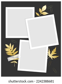 Template vintage decoupage collage for photo book, reminders, social media, notes, to do list. Scrapbooking herbarium gold leaves. Vector illustration