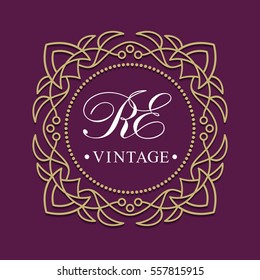 Template of vintage logo. Monogram initials. Decorative frame. Label business, bars, restaurants, cafes, spas, hotels, shops, wedding. Calligraphic ornament elements. Vector.