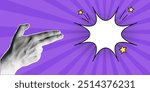 Template for vintage pop art banner, speech bubble, explosion in a comic style, empty space for text. Halftone collage, hand gesture in the shape of a gun, two fingers, arm, purple background.