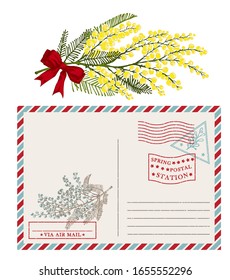 Template of vintage post card envelope with hand drawn sketch branch mimosa flower. Texture rubber stamp Place for your greeting text Good idea for design 8 march women days poster Vector illustration