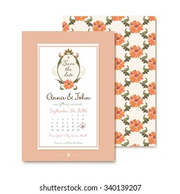 template vintage wedding invitations. Vector illustration of floral seamless pattern.