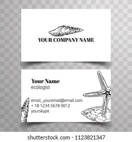 Template of visiting card with marine animals: shells, seastar, sea horse. Perfect for oceanologist, biologist, zoologist. Vintage style 