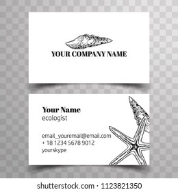 Template of visiting card with marine animals: shells, seastar, sea horse. Perfect for oceanologist, biologist, zoologist. Vintage style 