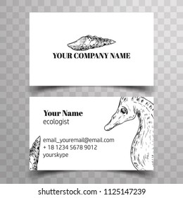 Template of visiting card with marine animals: shells, seastar, sea horse. Perfect for oceanologist, biologist, zoologist. Vintage style 