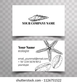 Template of visiting card with marine animals: shells, seastar. Perfect for oceanologist, biologist, zoologist. Vintage style 